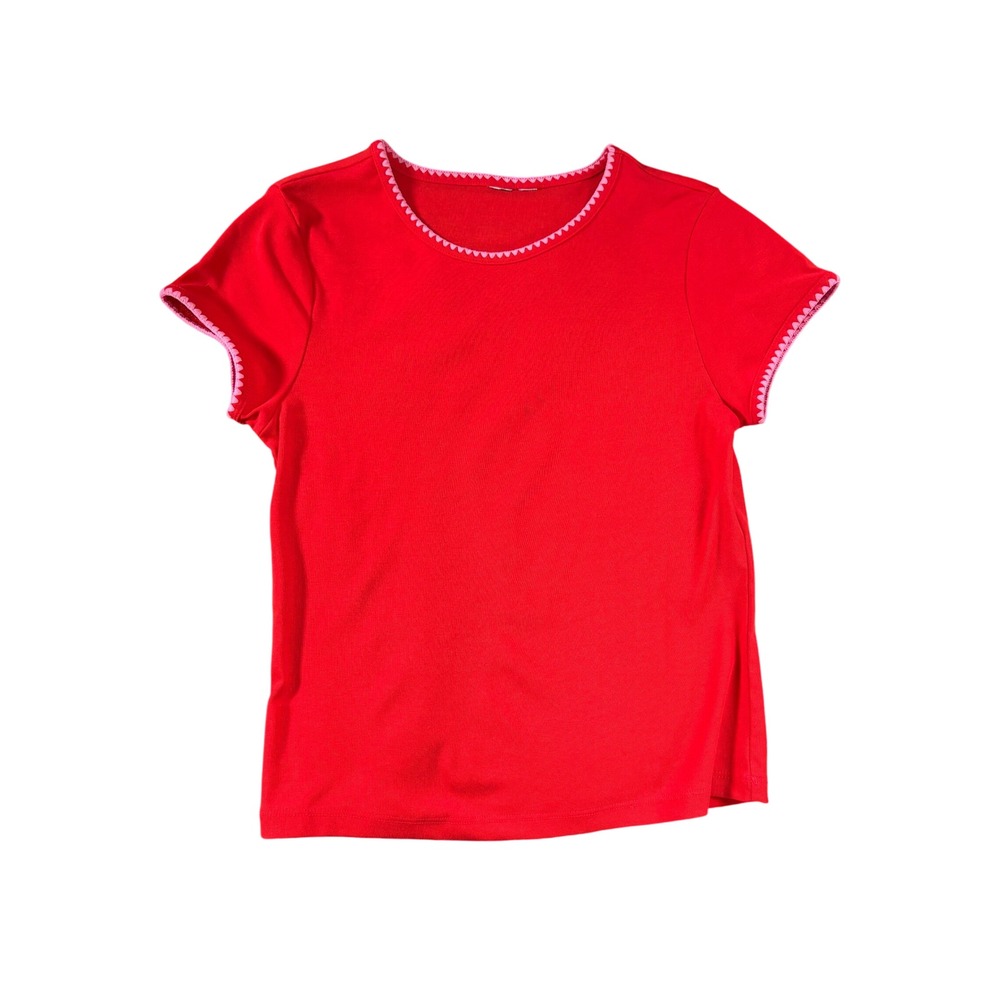 Red Baby Tee with Pink Scalloped Heart Trim Short‎ Sleeve Crew Neck Top